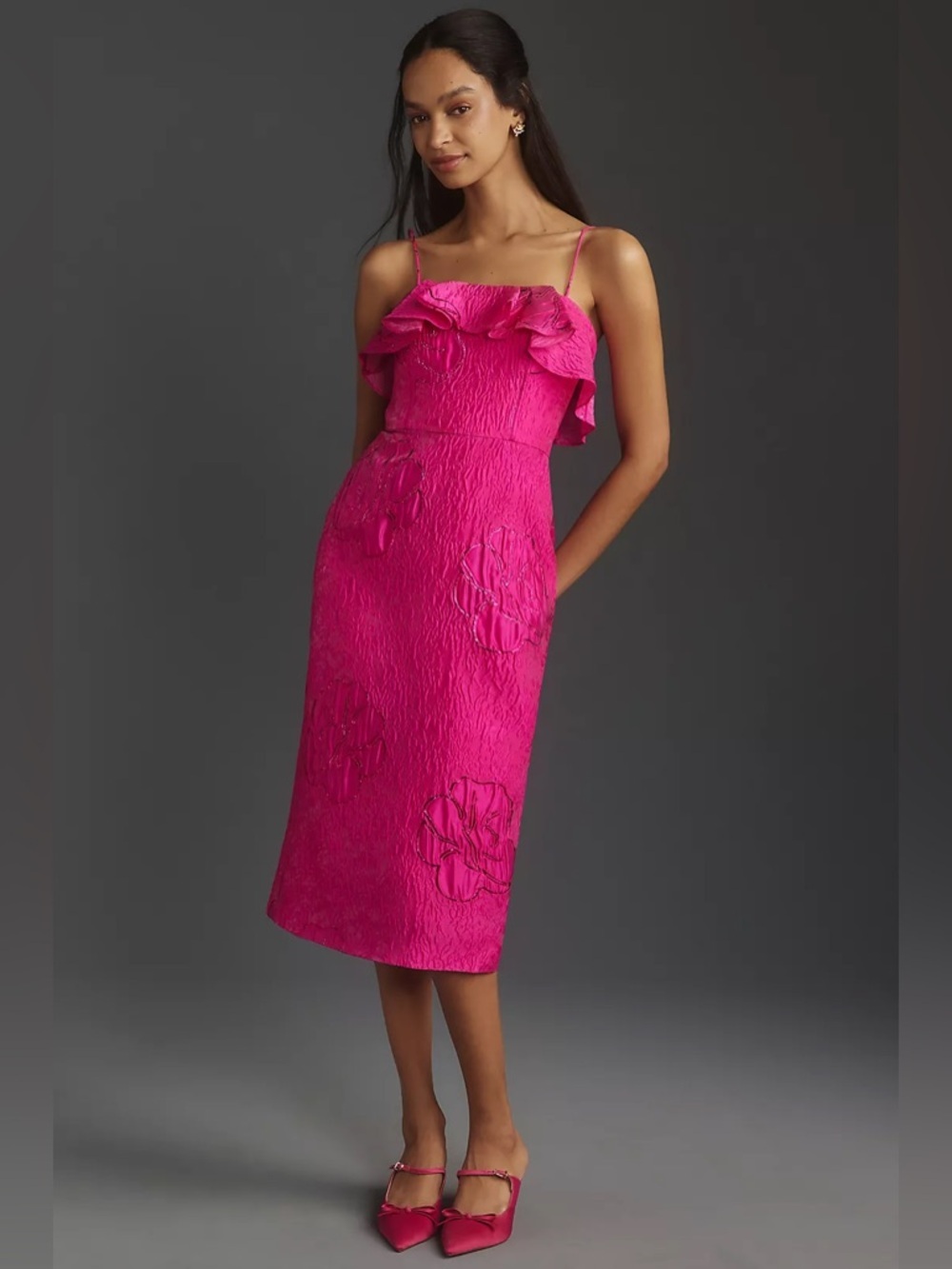 Monique Lhuillier Cynthia Metallic Floral Jacquard Ruffled Midi Formal Dress